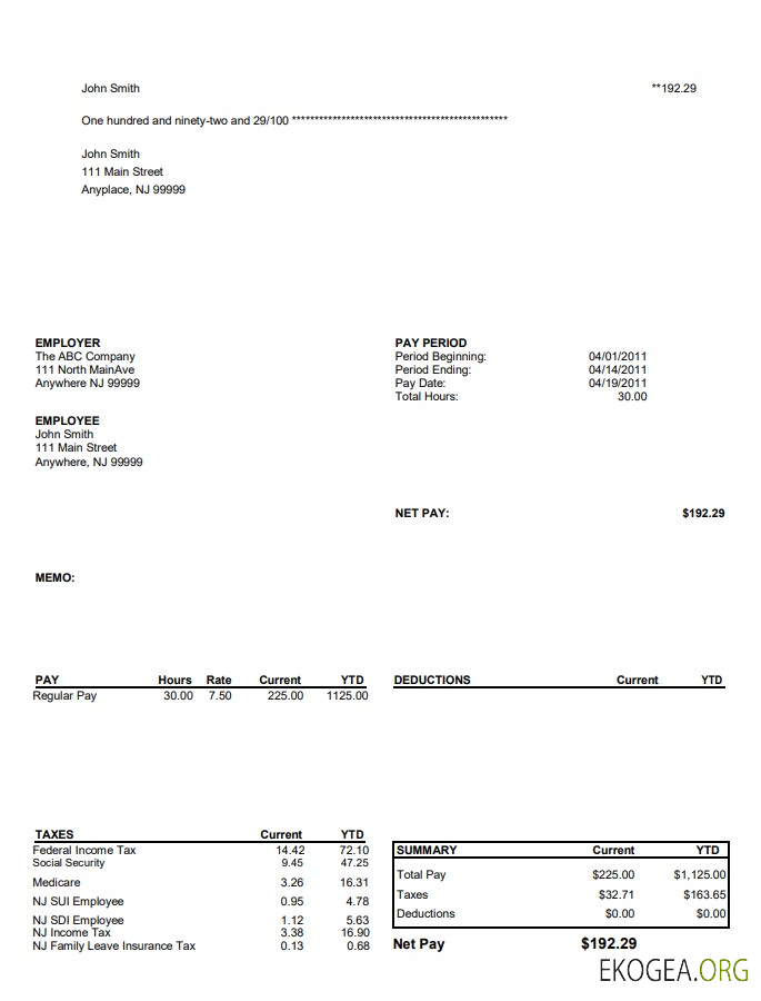 Modèle de fiche de paie de North Main Avenue